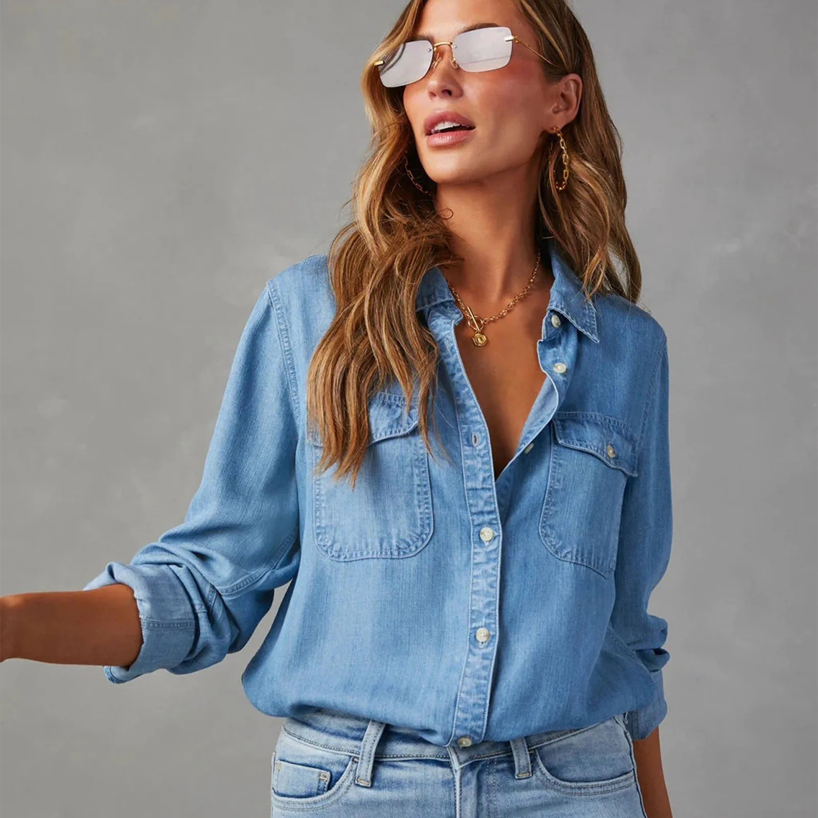 Women's Fashion Lapel Single Breasted Denim Shirts Casual Solid Color Long Sleeve Blouse Loose Versatile Commuter Shirt Tops