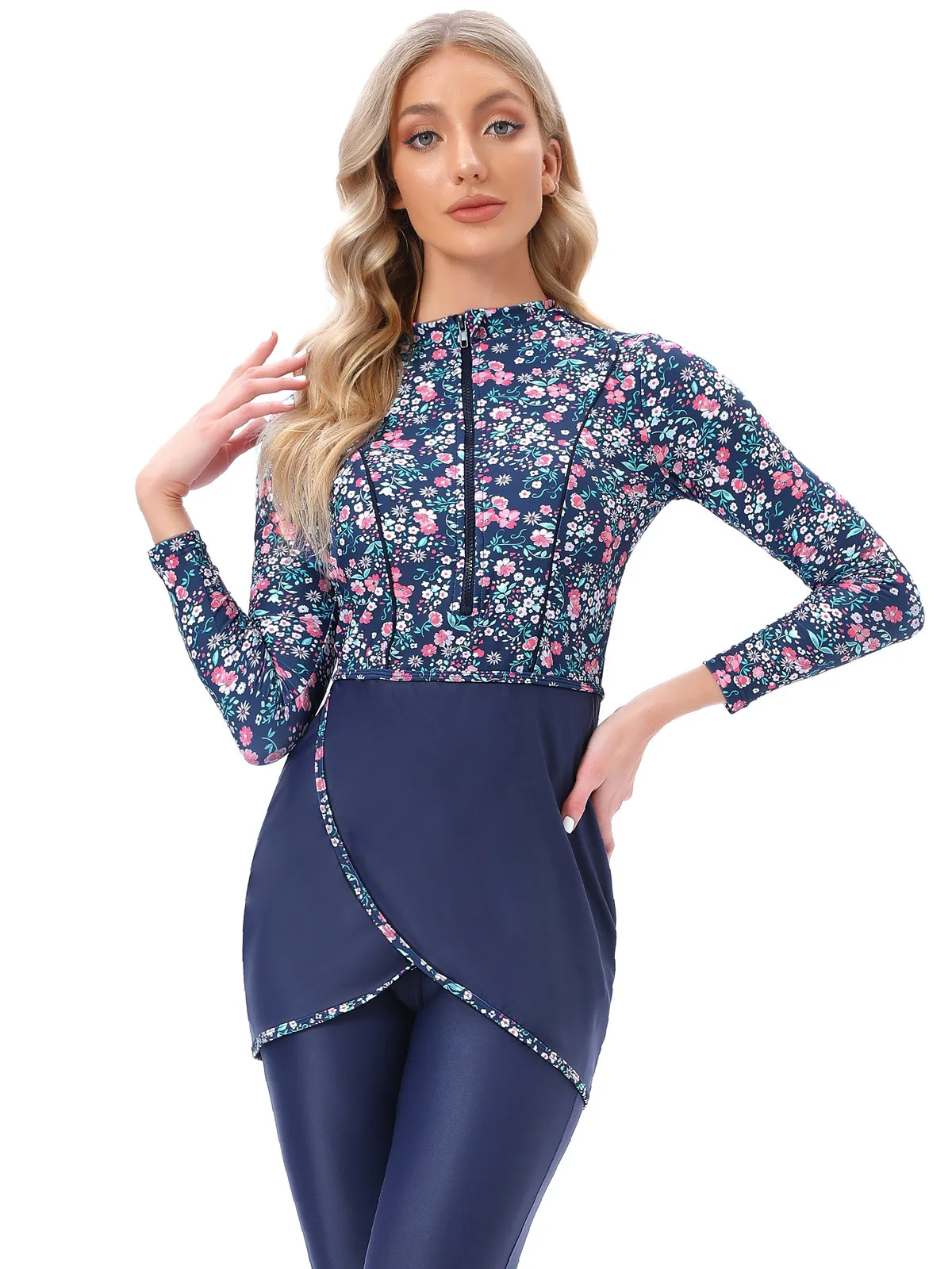 

2022 New Muslim Swimwear Women Burkinis Plus Size Modest Patchwork Hijab Long Sleeves Sport Swimsuit Islamic Clothing