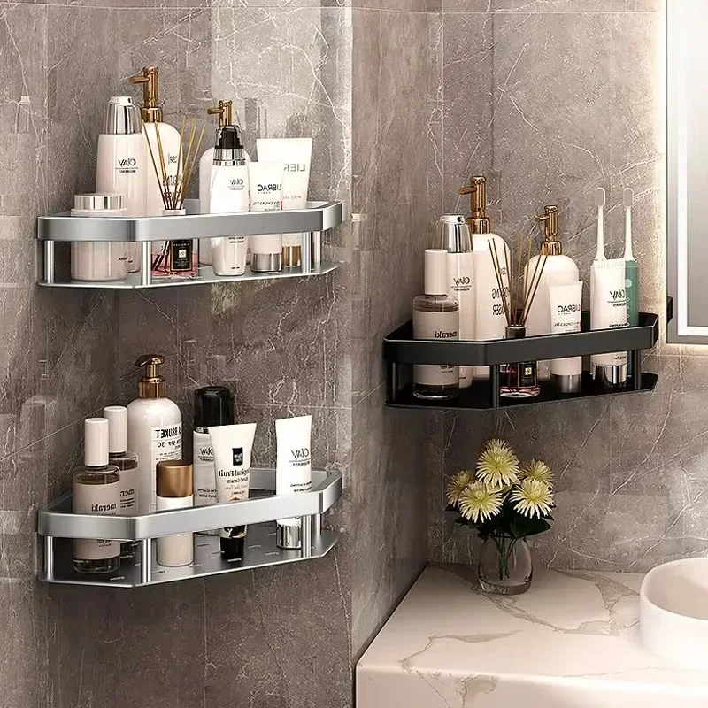 Punch-free Wall-mounted Bathroom Shelf, Corner Rack, Shampoo Storage, Aluminum Holder, Kitchen Organizer, Accessories