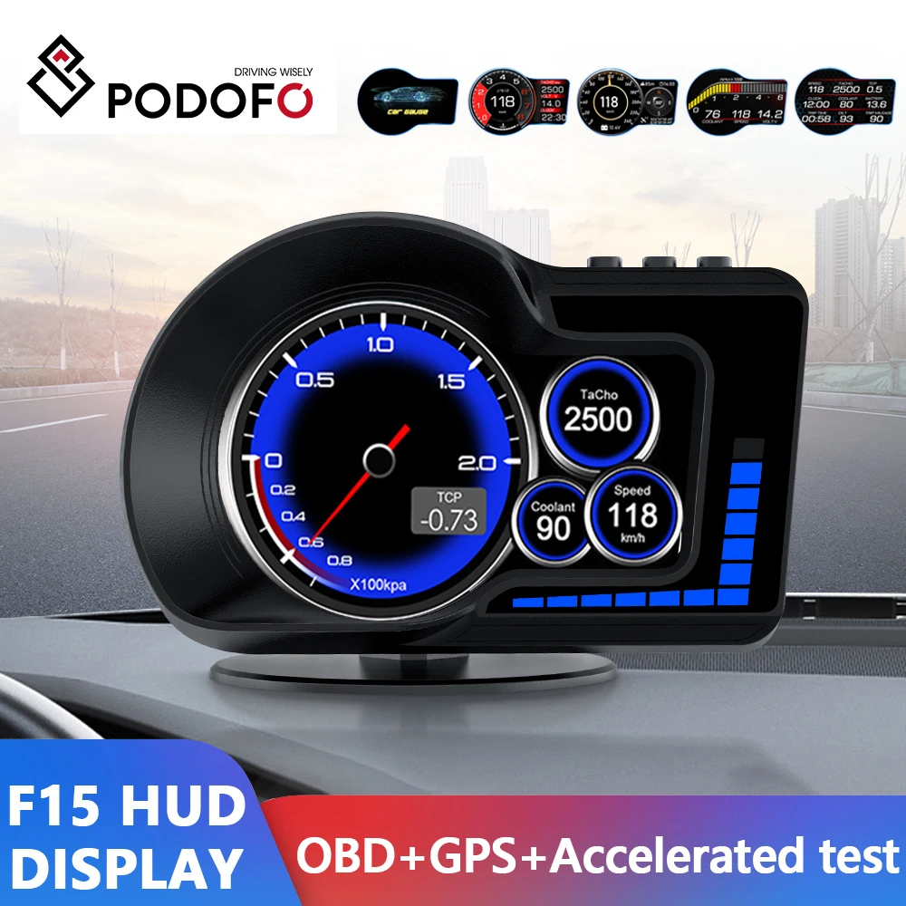 Podofo Tachimetro Digitale Per Auto Obd2 + Gps Head Up Display Hud Turbo Pressione Allarme Velocità Eccessiva Per Auto Carburante Universale Dopo Il 2