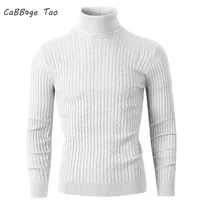 Autumn and Winter New Men's High Neck Pullover Long Sleeved Fashionable Striped Knitted Sweater Warm and Casual Slim Fit Outfit 1