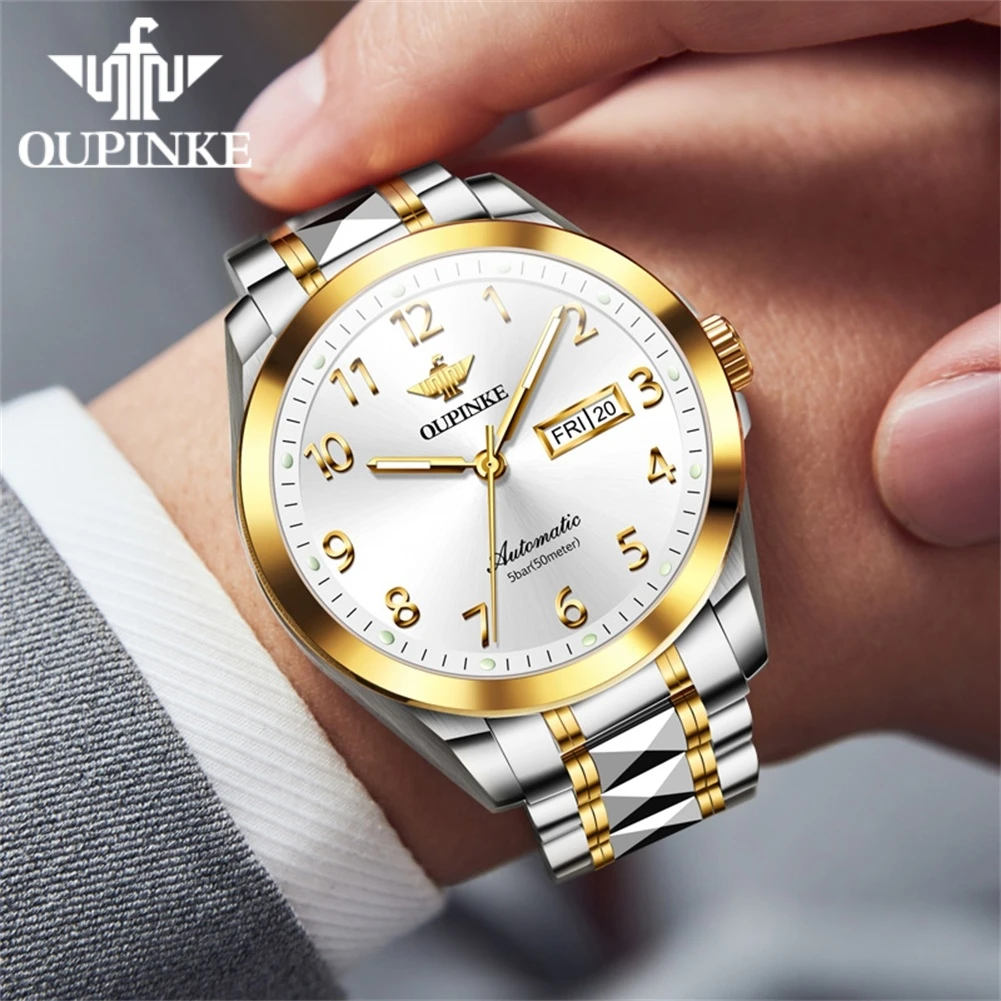 OUPINKE 3228 Man Watch Number Scale Dual Calendar Mechanical Watch For Men Sapphire Mirror Top Brand Waterproof Men's Wristwatch