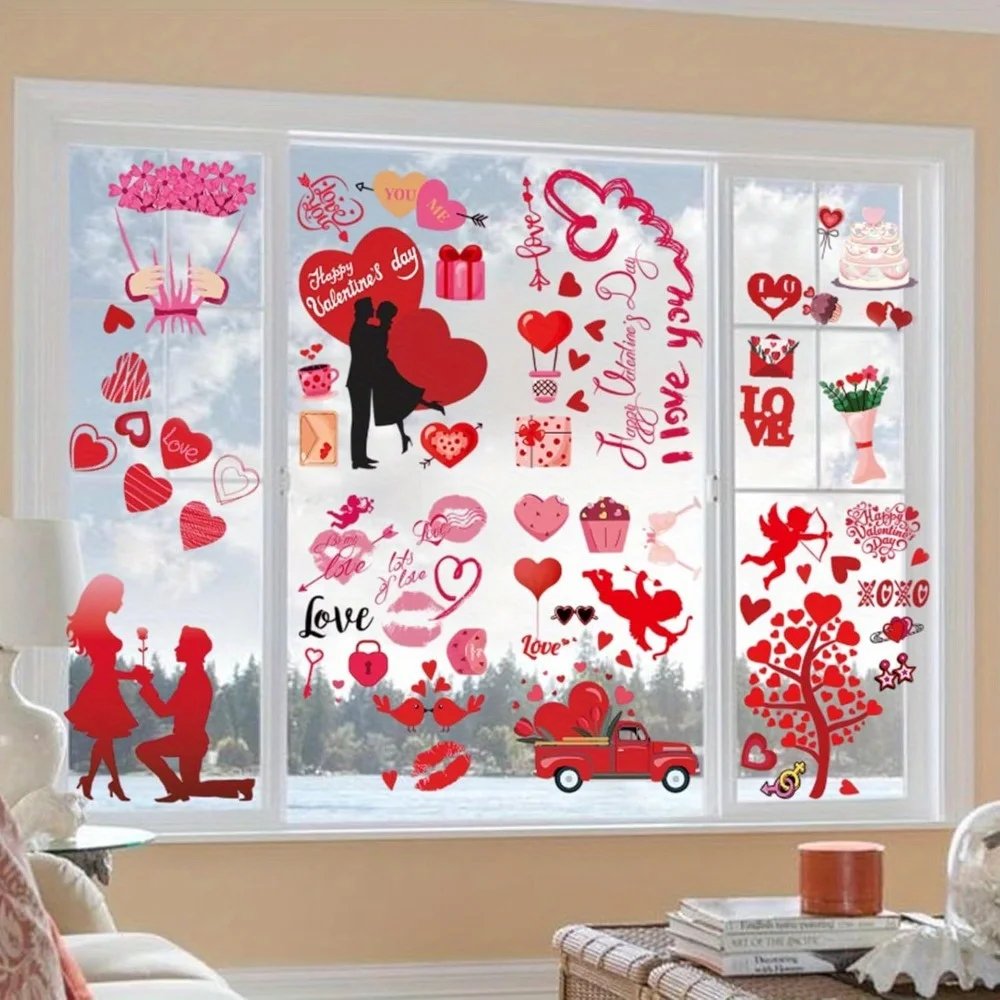 9PCS Window Stickers for Glass Valentine's Day Decorative Double Sided Wall Decals Love Tree Glass Home Decorations