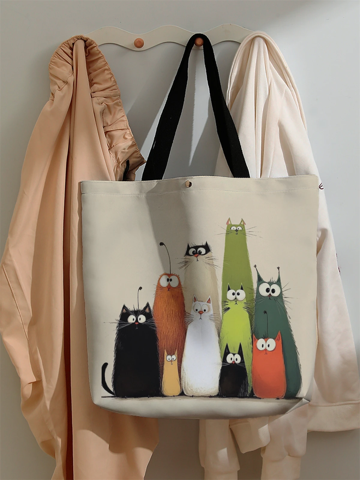 1pc， Cat pattern handbag, reusable fashionable handbag, multifunctional handbag, printed canvas shopping bag