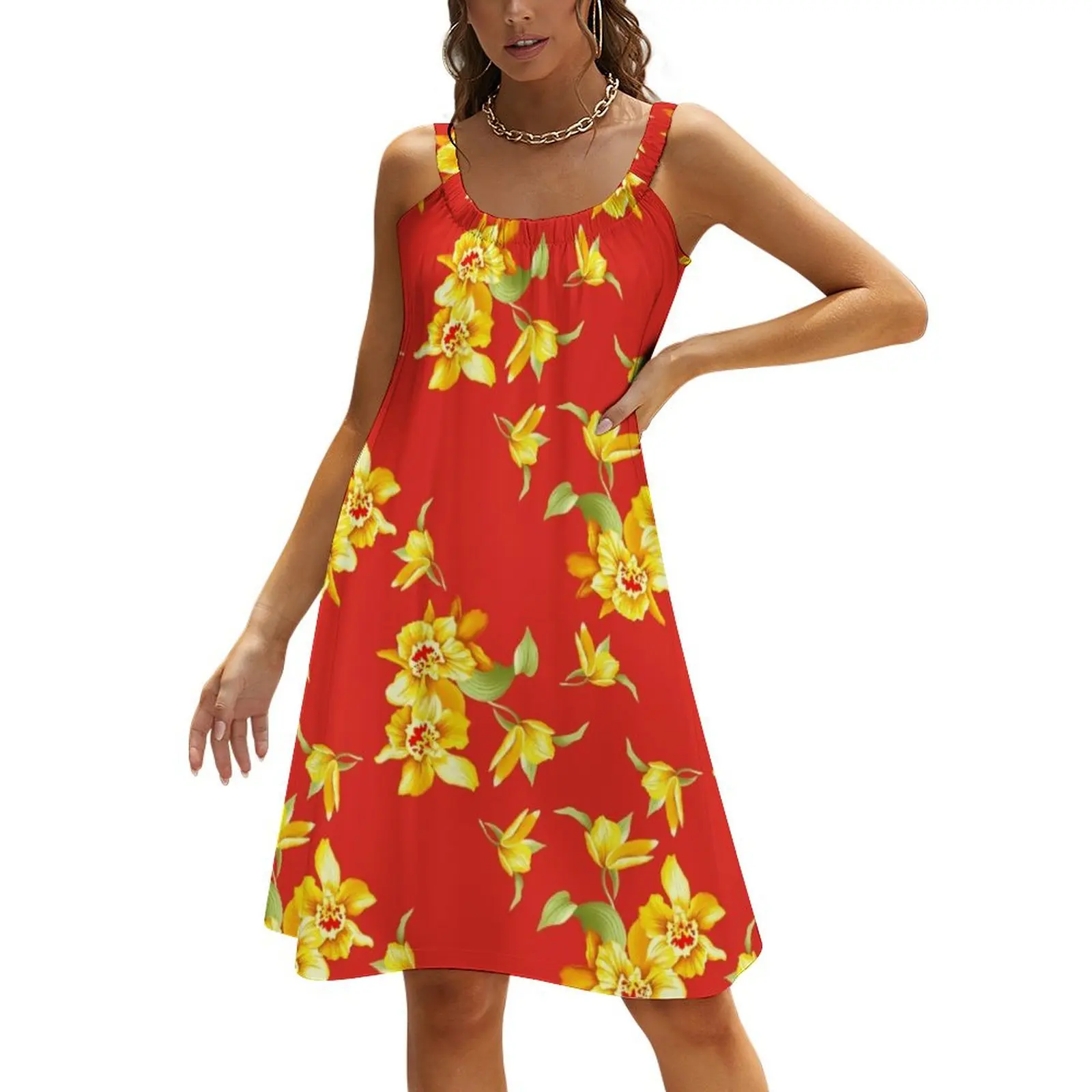 

Golden Daffodils on Red Beach Sling Skirt elegant chic women dresses promotion dresses for official occasions
