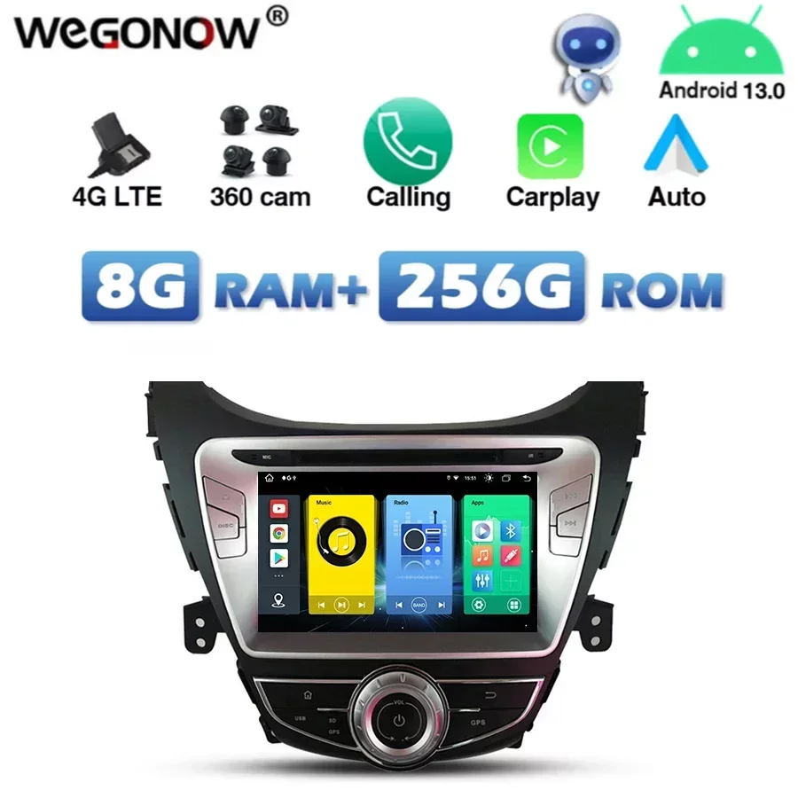 

4G SIM 720P Carplay Auto Android 13.0 8G+256G Car DVD Player GPS Radio wifi Bluetooth For Hyundai Elantra Avante I35 2011-2013