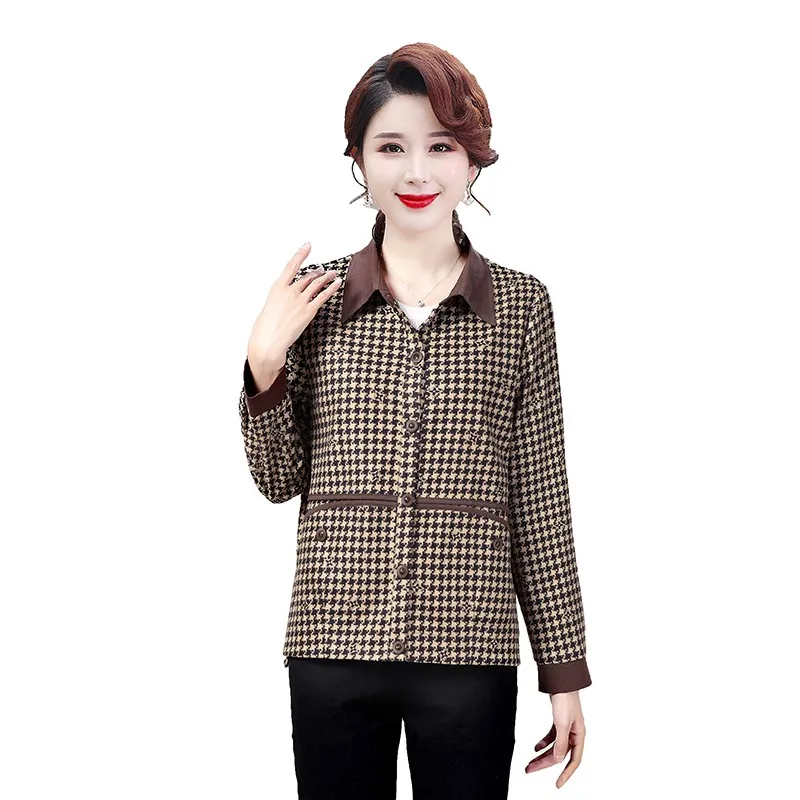 

NEW Early Spring New Jacket Middle-Aged And Elderly Women Casual Fashion Zipper Jackets Loose Chic Plaid Coat