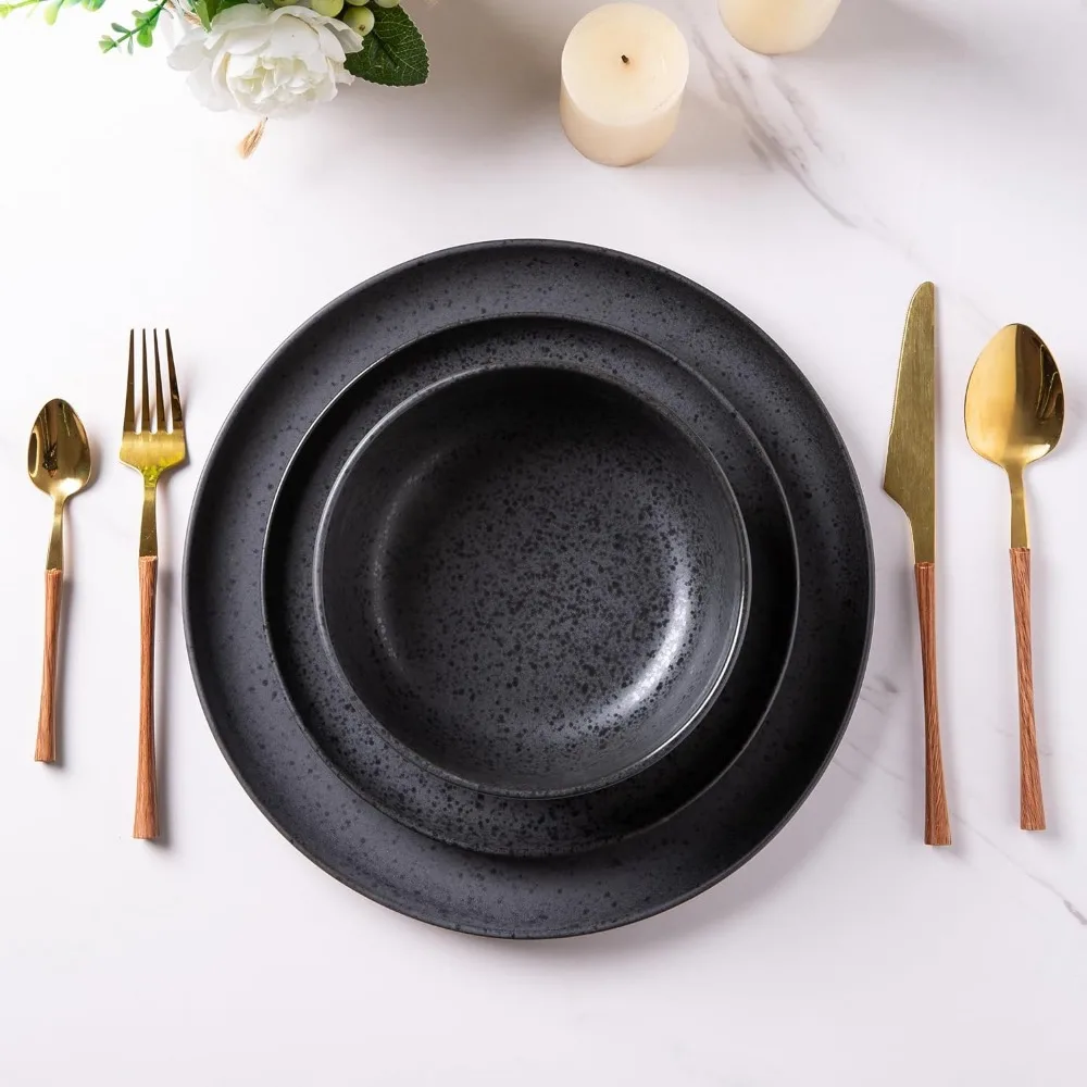 AmorArc Ceramic Dinnerware Sets, Wavy Rim Stoneware Plates and Bowls Sets, Highly Chip and Crack Resistant Dishwasher
