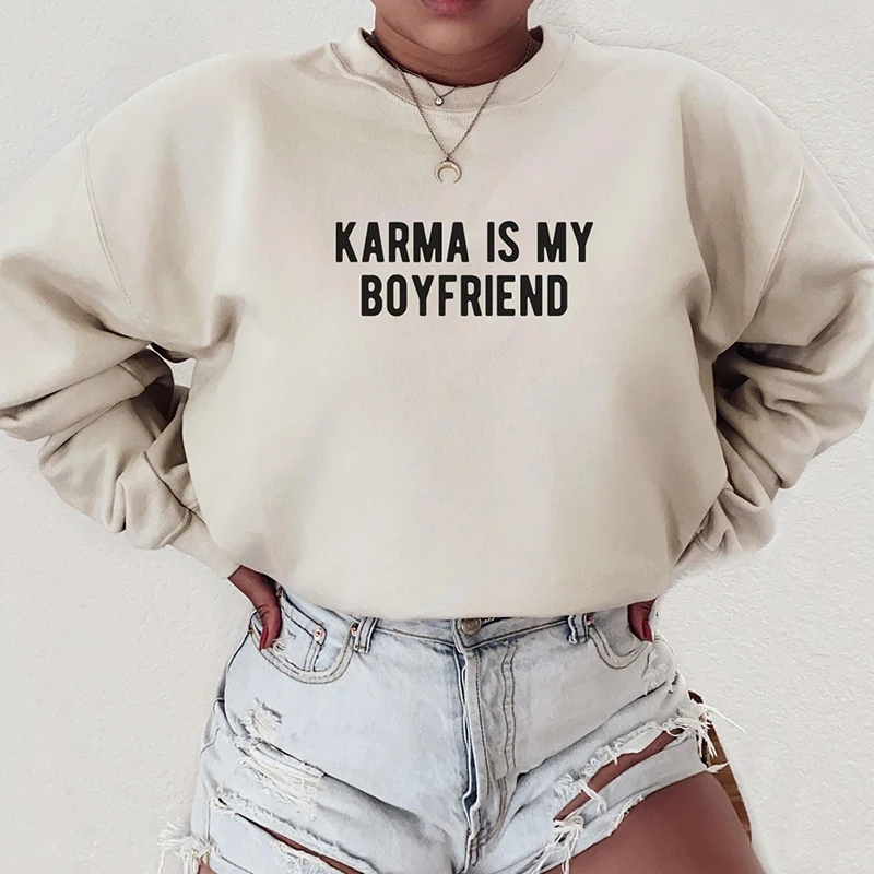 

Vintage Women Sweatshirt Cotton Karma Is My Boyfriend Long Sleeve Hoodies O Neck 2000s Grunge Goth Clothes Y2k Winter Clothing