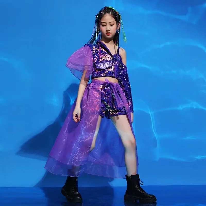 

Fashion Girls' Walking Show Fashion Dress Model Photography Purple Suit Children's Jazz Dance Girl Dance Performance Dress Fashi