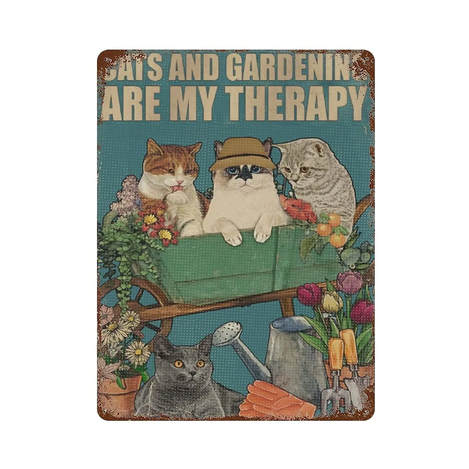 

Retro Metal tin Sign，Novelty Poster，Iron Painting，Cat and Gardening Tin Sign, Cat and Gardening are My Therapy, Cats Lover Tin S