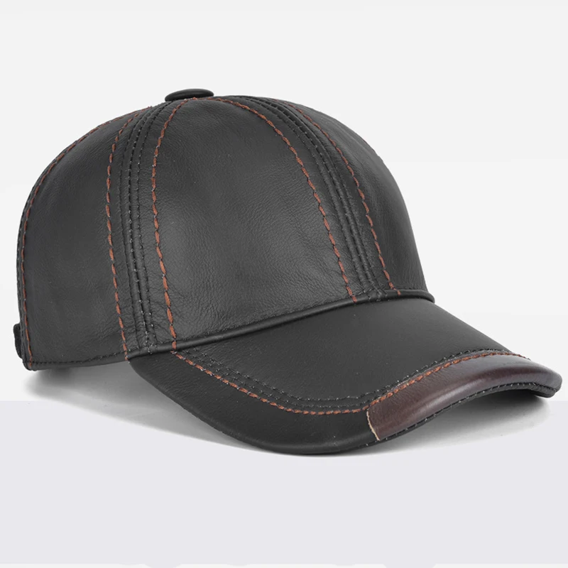 Men Real Cowhide Leather Earlap Caps Male Fall Winter 100% Real Cow Leather Hats New Casual Real Leather Outdoor Baseball Cap 3