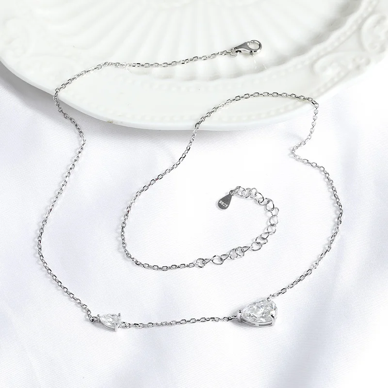2 Gem Silver Pear Cut Moissanite Stone Necklaces