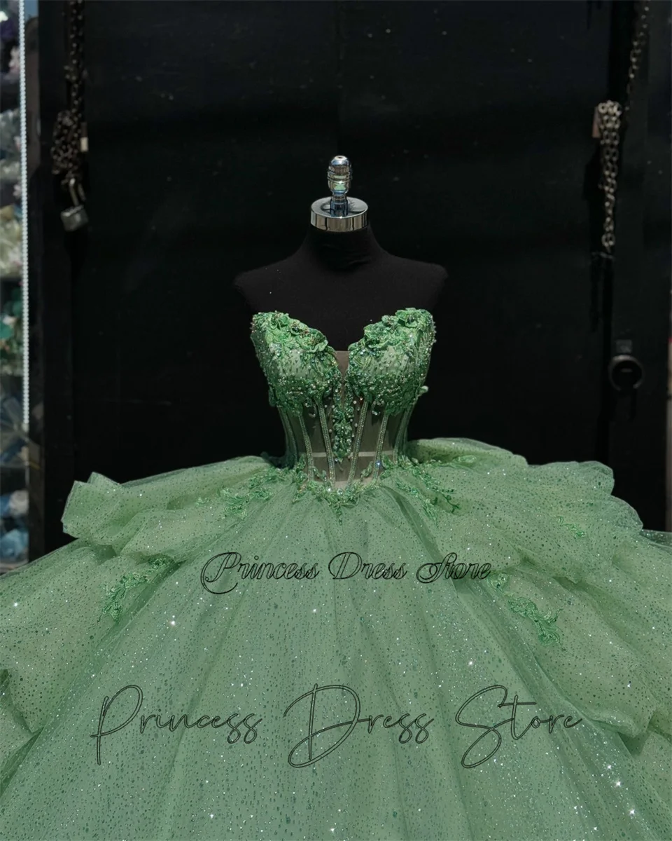 Quinceanera Dress Ball Gown 3D Floral Applique Beaded Bow Corset Sweet 16