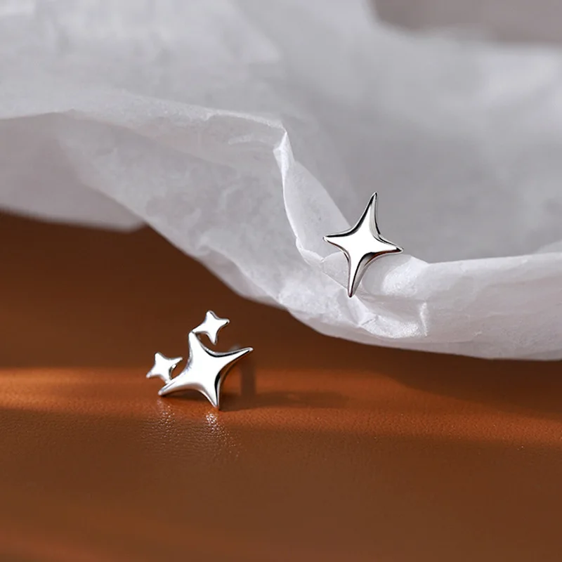 Silver Color Simple Four-pointed Star Stud Earrings Asymmetrical Star Earrings Women's Exquisite Jewelry stud earrings