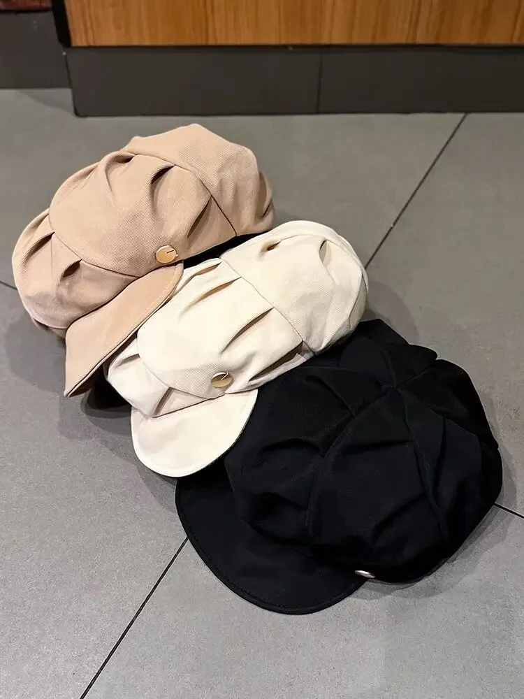 Vintage Achteckige Hüte Frauen Einfarbig Plissee Berets Künstler Maler Zeitung Kappe Winter Herbst Casual Straße Krempe Kappen – Detail 11