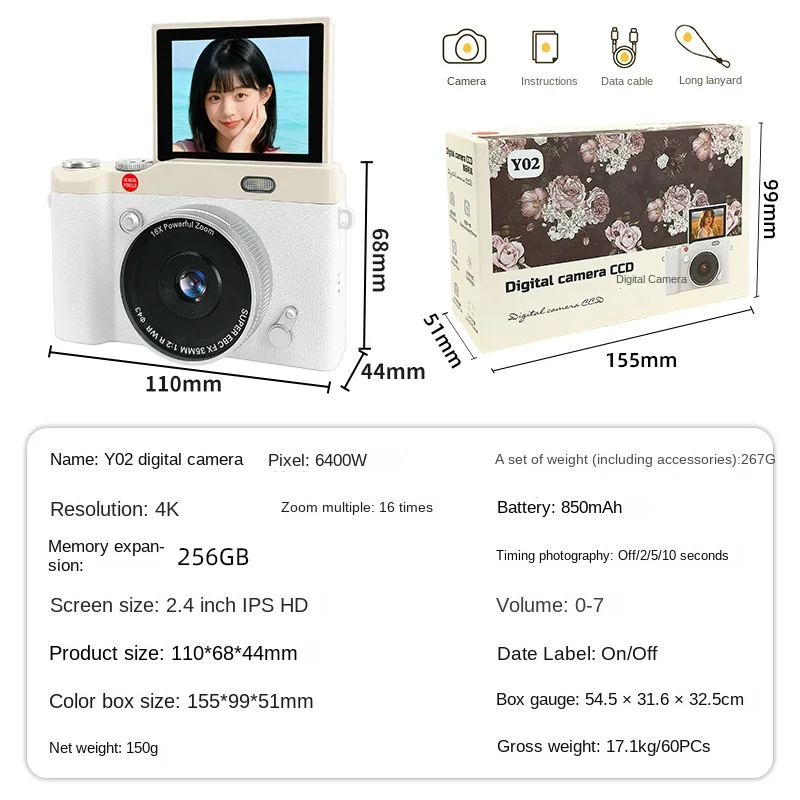 4K Digital Camera 16X Digital Zoom CCD Retro Video Recorder 2.4 Inch 180° Flip Screen Selfile Compact Digital Photography Camera - 4