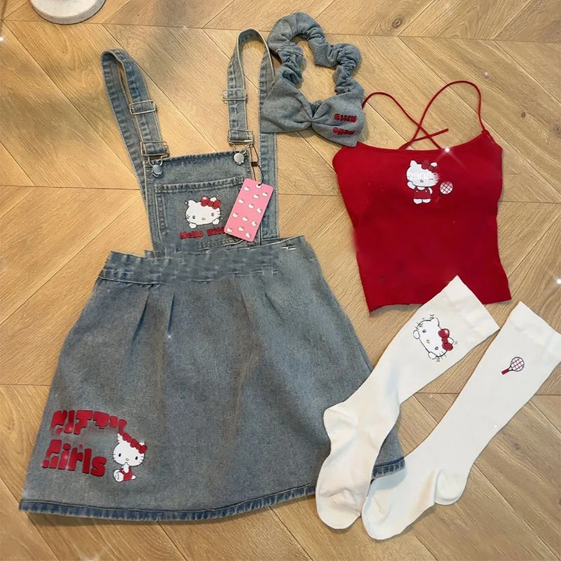 

Sanrio Hello Kitty Denim Skirt Suit Camisoles Tube Tops Summer Cute Fashion Sweet Girl Printing Sleeveless Tank Top Girl Gifts