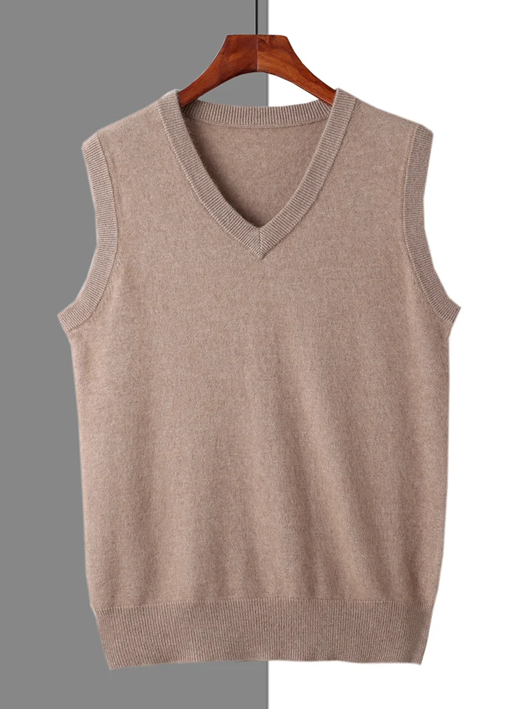 Men 100% Pure Mink Cashmere Vest Sleeveless Sweater Spring Autumn V-Neck Vest Middle-Aged Warm Tops Knit Waistcoat Loose Outer