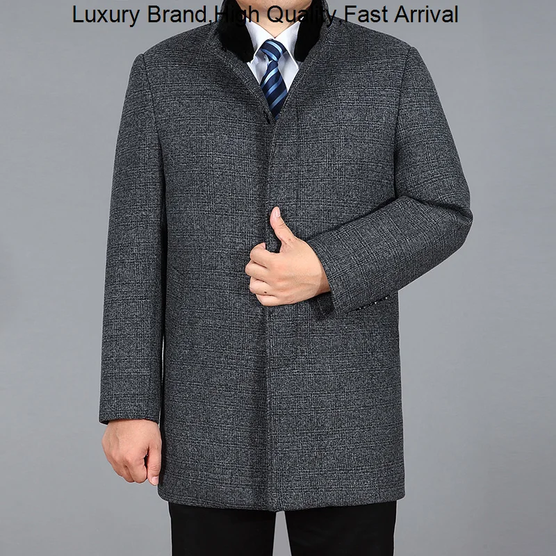 

New 2023 Winter Men Autumn Fashion Wool Blend Jacket Pea Rabbit Fur Male Long Trench Coat Wollen Jas Heren M-4XL