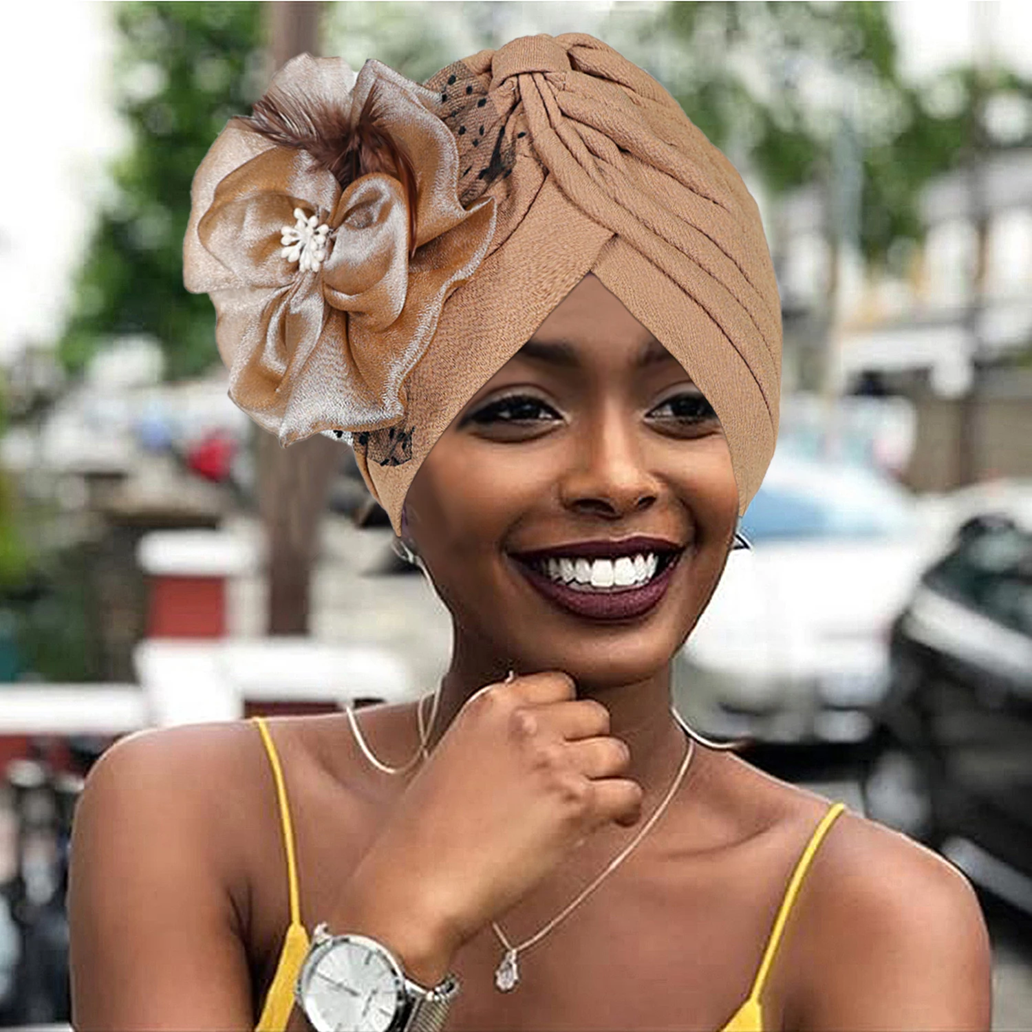 Ladies turbans pure color big flower mesh style accessible luxury wedding important occasions wear forehead cross fashion turban hatAfrican Zahra Cap 6