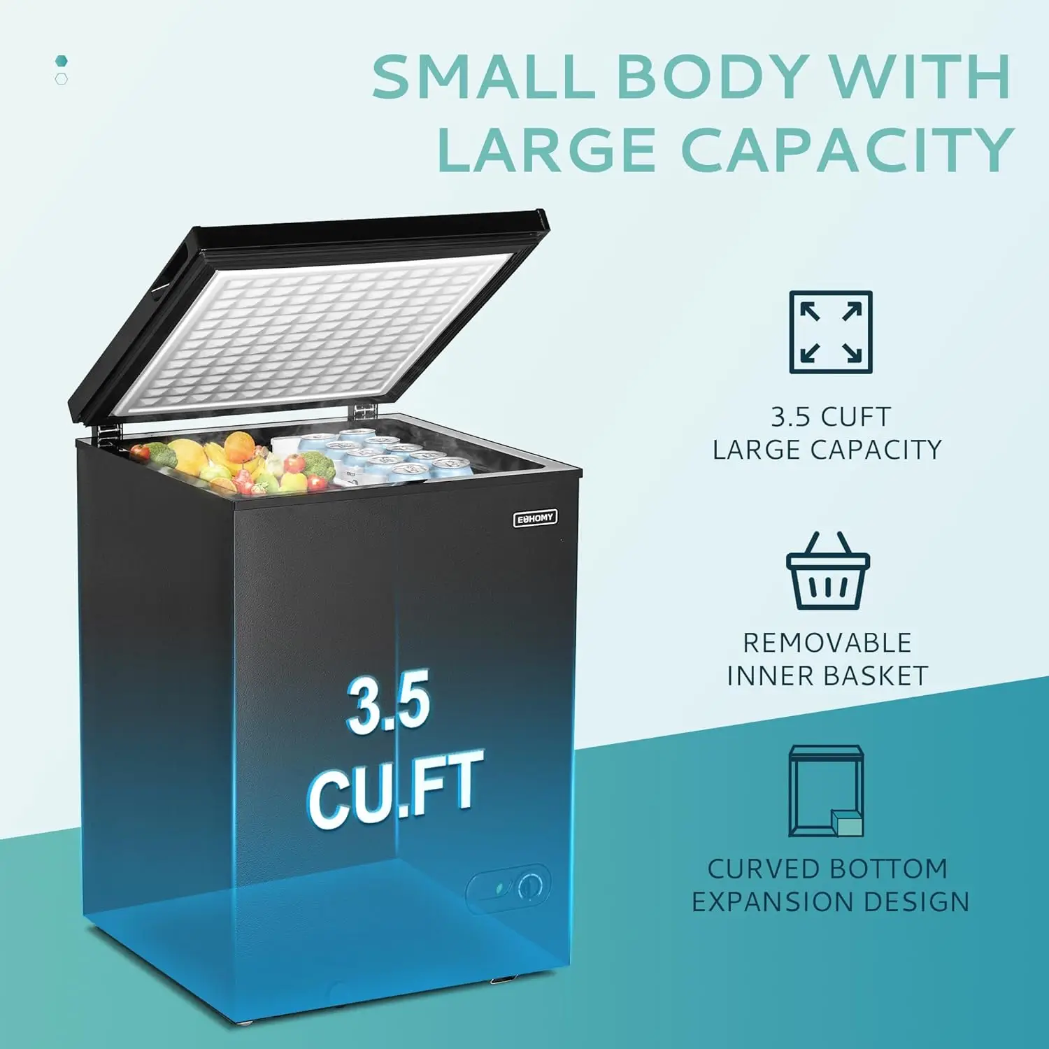 3.5 Cu.Ft Chest Freezer with Removable Basket, Small Deep Freezer Adjustable 7 Thermostat, Quiet Mini Free-Standing Top
