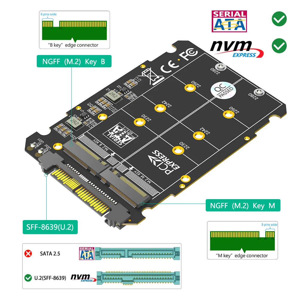 M.2 SSD to U.2 Adapter 2 in 1 M.2 NVMe SATA-Bus NGFF SSD to PCI-e U.2 SFF-8639 PCIe M2 Adapter Converter for Desktop Computers — view 2