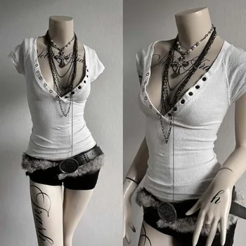 Spicy Girls Y2k Crop Top Button Harajuku Solid Color V-Neck Slim Streetwear Rock Goth Short Sleeve T-shirt Punk Unique Hip Hop 1