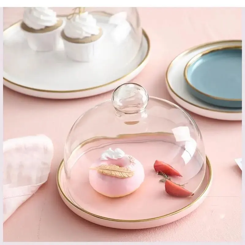 Ceramic Western Food Plate with Glass Cover Cake Tray Phnom Penh Matte Frosted Dessert Fruit Home Decor Storage