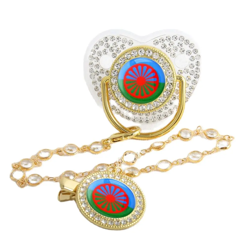 Gypsy Aromanian Romany Luxury Baby Pacifier With Chain Clip Romani Roma Flag Theme Newborn Baby Dummy Soother Nipple 2