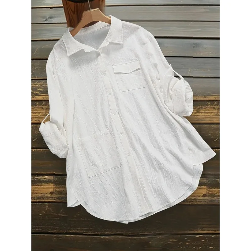 Plus Size 2024 Summer New Women's Single Row Button Down Shirt Pure Color Pocket Lapel Summer Optimal