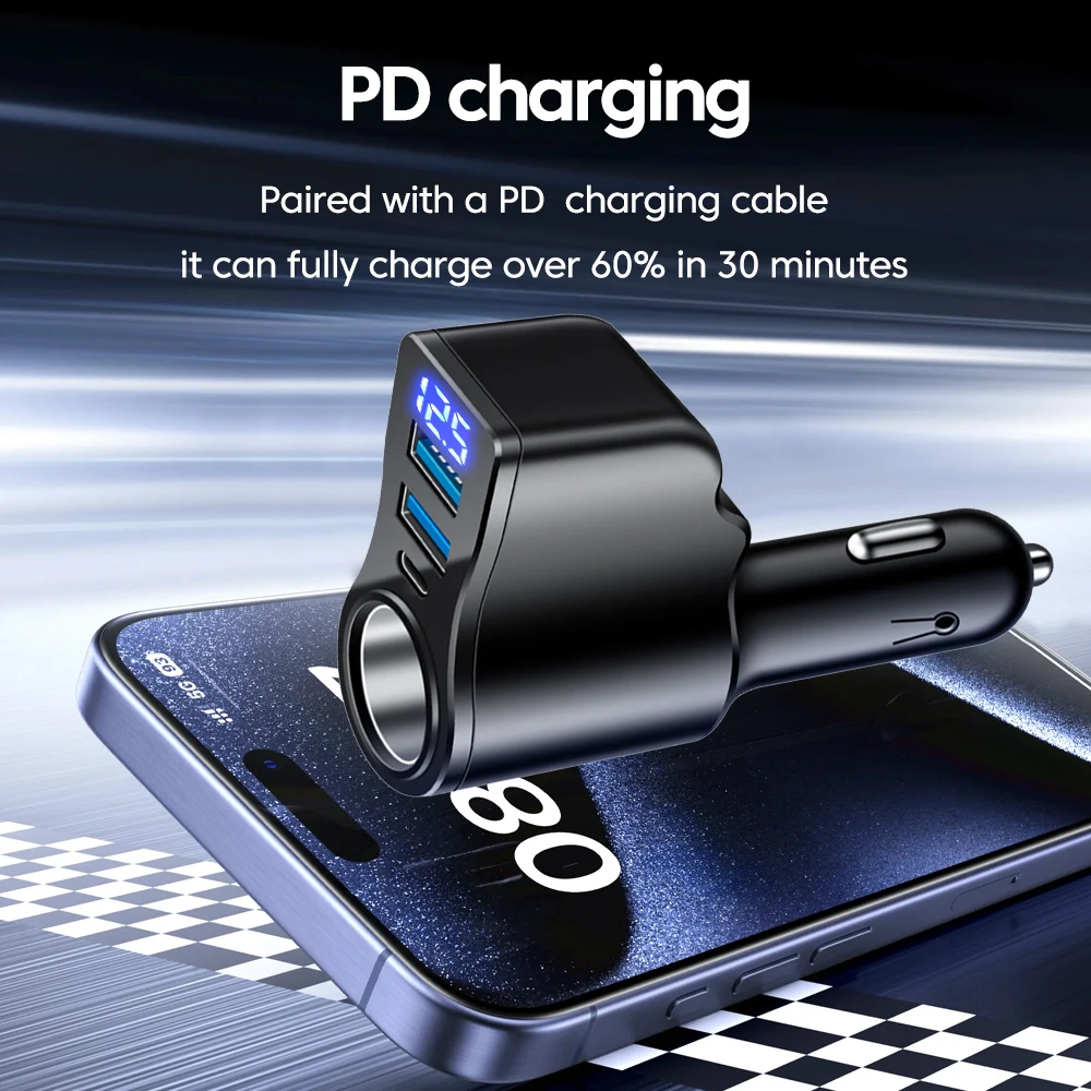 Caricabatterie Digitale per Auto 3.1A con Doppia Porta USB 5V/3.1A + Type-C PD5v/3A + Adattatore per Auto 90W per Ricarica Rapida di Cellulari - Image 3