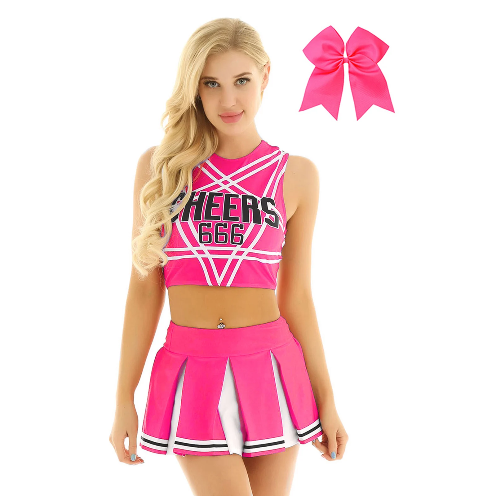 Women Cheer Dance Uniform Cheerleader Costumes Outfits Top Mini Pleated Skirt Bowknot Hairband School Girl Cheering Teamwear