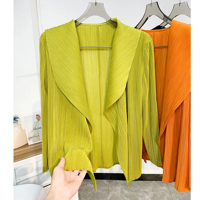 Miyake Pleated Short Jacket 2025 Spring Summer Women's Casual Tops Flap Collar Loose Shopping Peplum Cardigan Tunic Tops