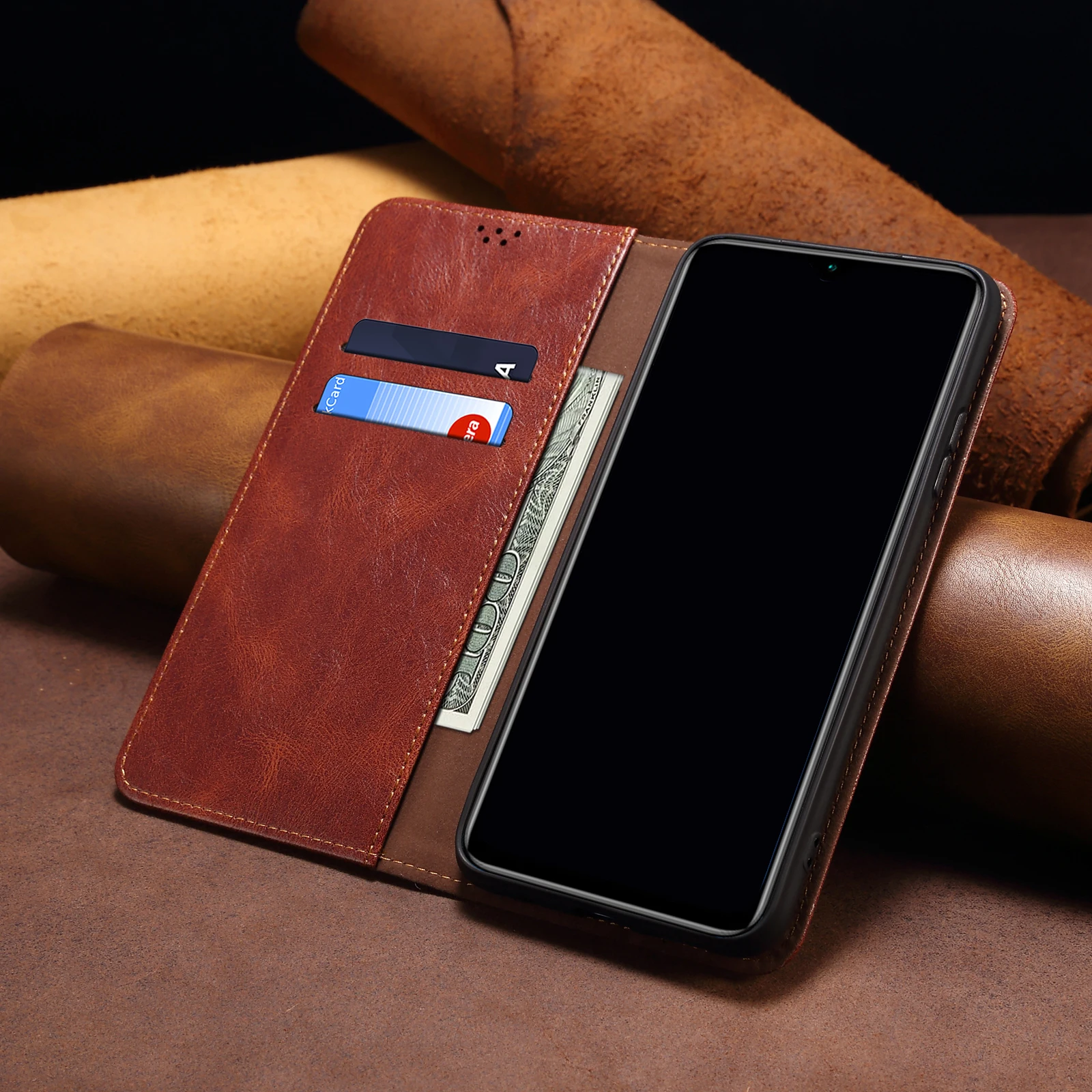 Leather Flip Wallet Case with Card Holder and Protective Cover