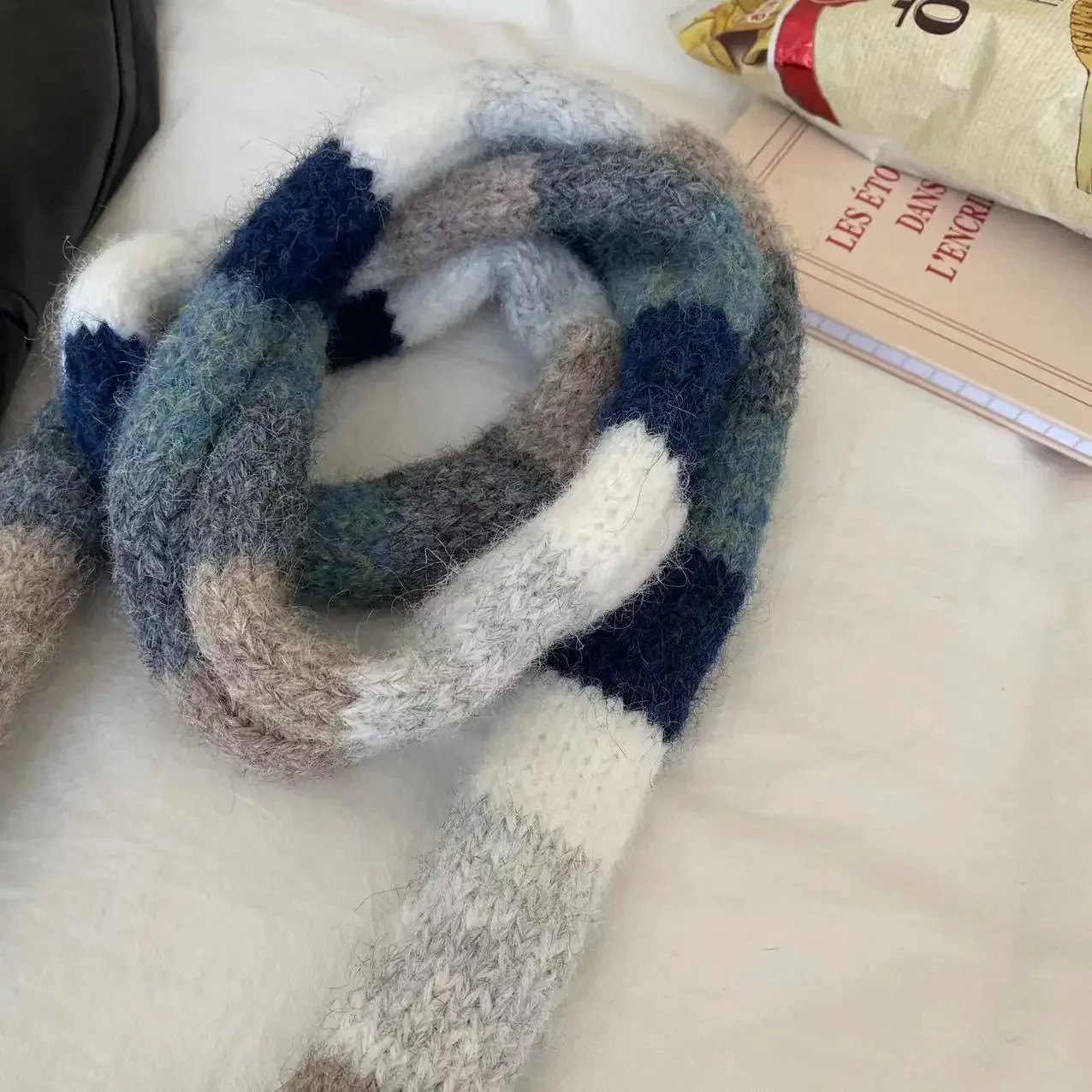 2024 Knitted Wool with Warm Color Splicing Contrast Striped Sausage Thin Scarf