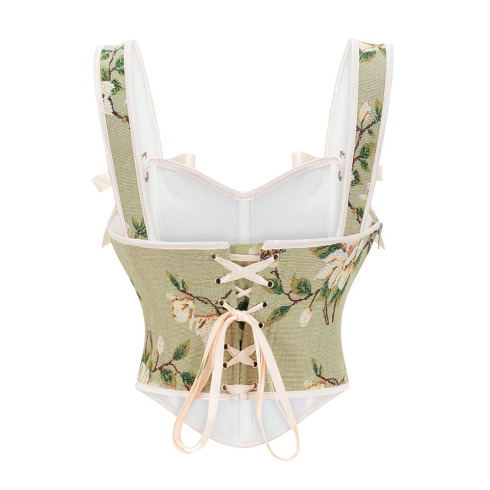 Medieval Renaissance Corset Crop Tops Lace-up Vintage Flowers Print Bow Shoulder Strap Gothic Overbust Bustier Tanks Camisole