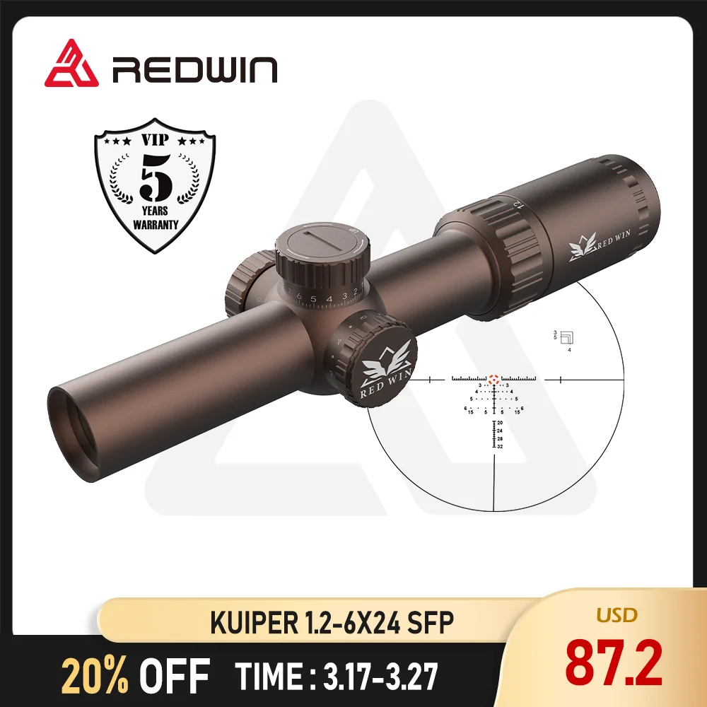 

Револьвер Red Win Zero Lock 1/2MOA с регулировкой диапазона, сетка для быстрого захвата воздуха Kuiper HD 1,2-6x24IR AR15, компактный прицел