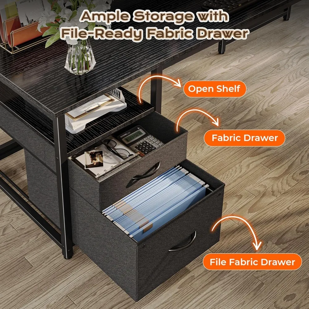 63 Inch L-Shaped Desk with Power Outlets, USB-C Port, Fabric Drawers & Movable Monitor Stand for Home Office Gaming Work