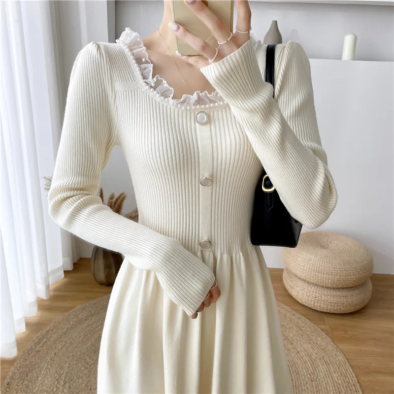 

Korean Fashion Vintage O-neck Dresses for Women Elegant Slim Party Long Sleeve Maxi Dress Female Autumn 2024 New Knit Vestidos