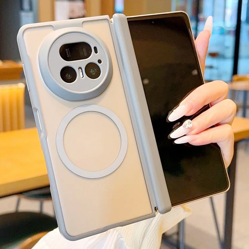 Frosted Matte Semi-Transparent Magnetic Phone Case with Center Axis Hinge and Camera Protection