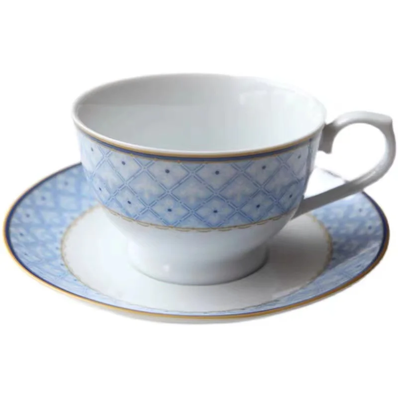 

Japanese style hard porcelain fine china blue checkered coffee cup and saucer