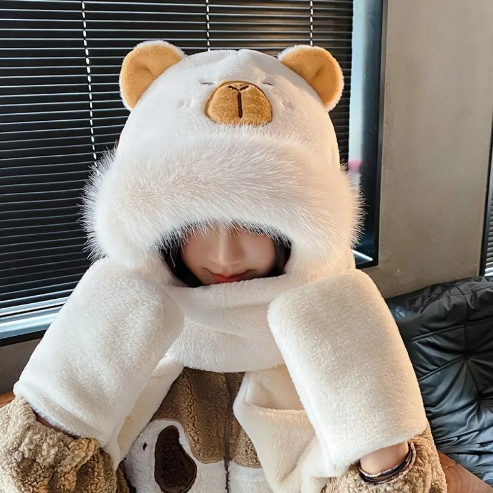 Earmuff 3 in 1 Capybara Hat Scarf Set Panda Warm Furry Scarf Cap Set Fluffy Thickened Cartoon Plush Hat Girls