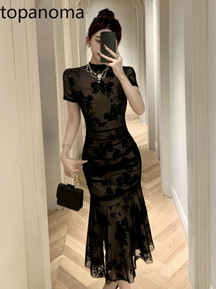 

Topanoma Vintage Sexy Evening Dresses Women Mesh Patchwork Floral Printed Slim Mermaid Dress Cocktail Party Performance Fashion