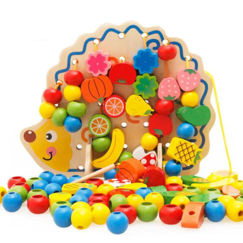 

82Pcs Wooden Fruits Vegetables Lacing Stringing Beads Toys With Hedgehog Board Montessori Educational Toy Puzzle Toys Gift Kids