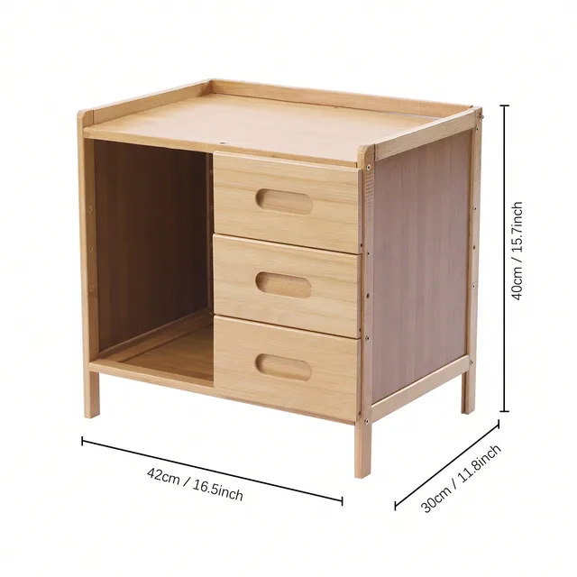 3 Tiers Nightstand Storage Box Bedside Table Natural Bamboo End Side Organizer with 3 Drawers and 1 Open Compartment