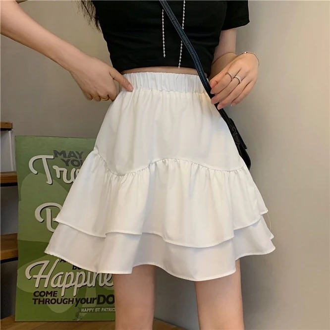 Spring Summer Design Feeling Ruffle Edge Fluffy High Waist Women's Skirt Girl Student A-shaped Short Skirt College Style Blue black pencil skirt Skirts