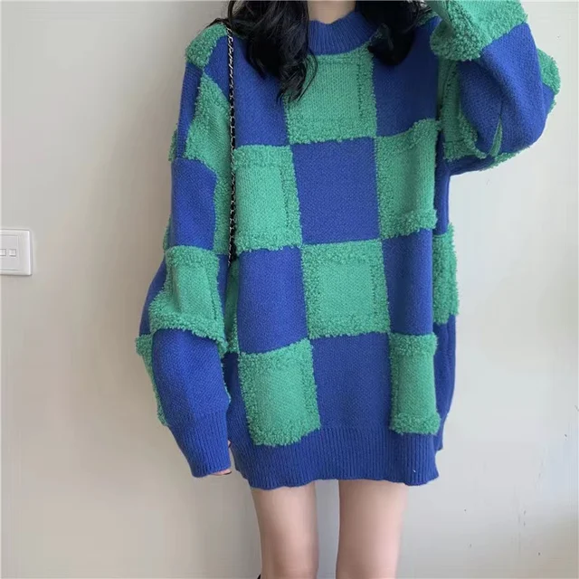 Women 2024 Plaid Chic Pullover Sweater Puff Sleeve Checkered Oversized Women's Sweaters Autumn Winter Sweater Tops Y2K Clothes 1