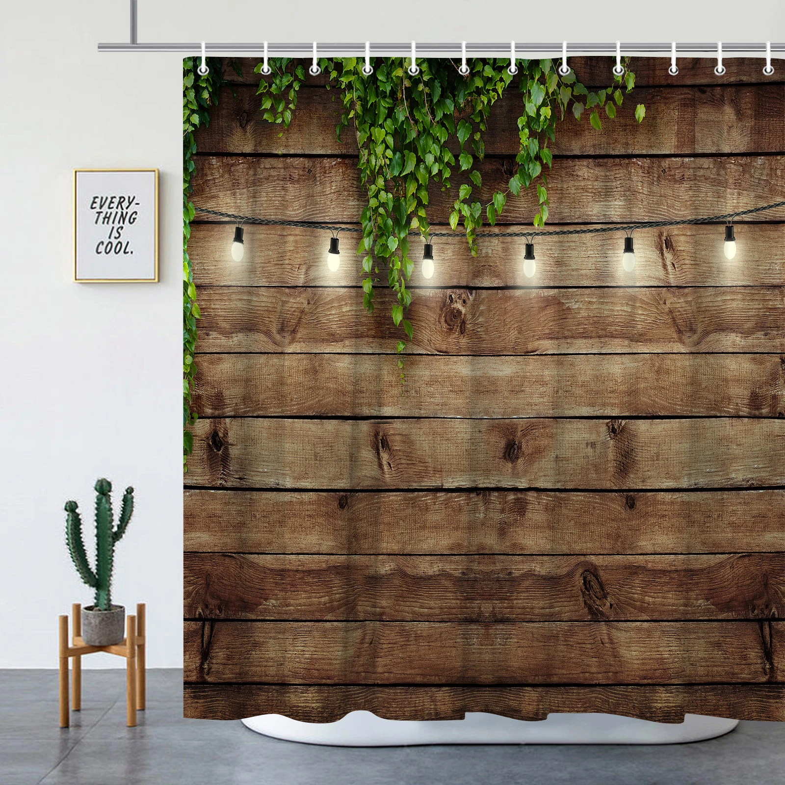Farmhouse Shower Curtain Rustic Farm Barn Wood Boards Green Leaf Vine