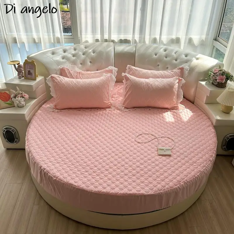 Pink Round Fitted Sheet Thick Cotton Quilting Romantic Round Bed Sheet Bedding Set Mattress Cover Family Home Themed Hotel #/ 2